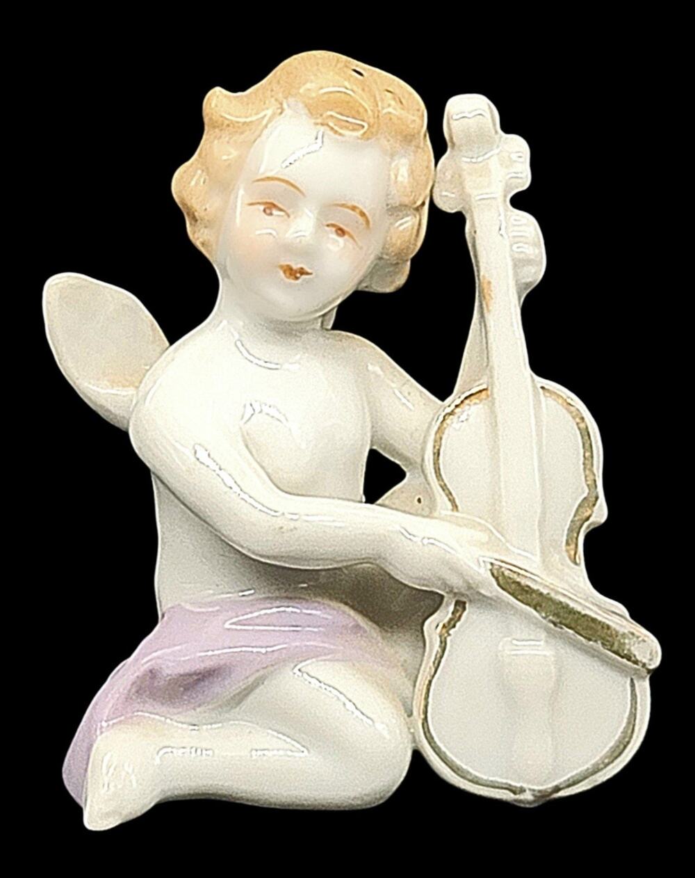 Vtg Small Angel Cherub Violin Ceramic Figurine Staffordshire Japan 2.5"x2" GRS